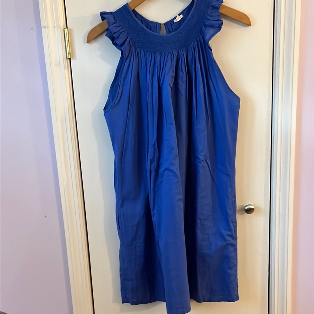 J Crew Royal Blue Sleeveless Dress smocking Collar Ruffle Sleeves M